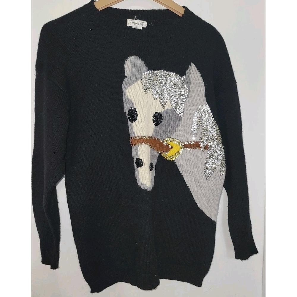 Vtg‎ Eminent Horse Head Sequined Embroidered Sweater Womens Size S Equestrian